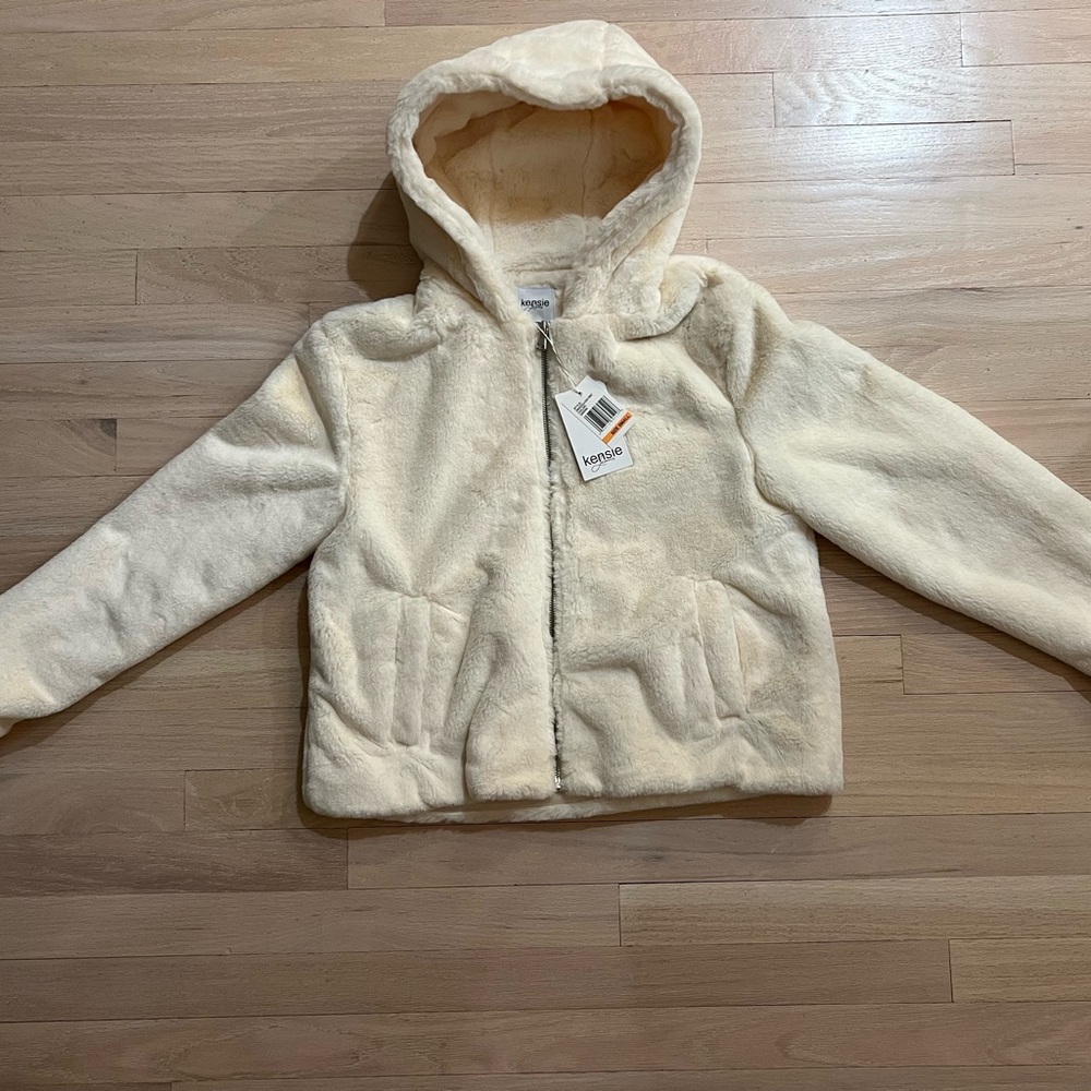 Kensie Soft Cream Hooded Faux Fur Zip Up Jacket